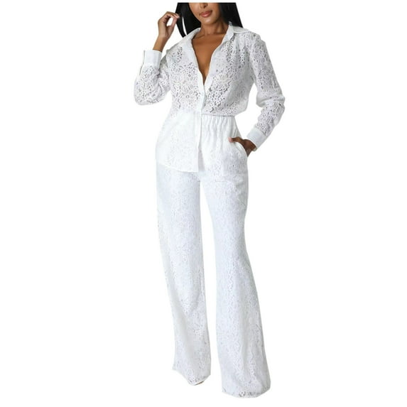 Levmjia Womens Lace Tops and Pants Set Long Sleeve Fashion Solid Color V-Neck Button Long Sleeve Wide Leg Two-Piece Suit Casual Comfortable Outfit For Fall Winter Daily Wear
