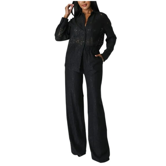 Levmjia Womens Lace Tops and Pants Set Long Sleeve Fashion Solid Color V-Neck Button Long Sleeve Wide Leg Two-Piece Suit Casual Comfortable Outfit For Fall Winter Daily Wear