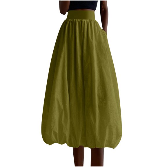 Levmjia Womens Lantern Skirt With Pockets Pleated Elastic Waist A Line Flowy Casual Spring Autumn Midi Skirt For Daily Wear Vacation
