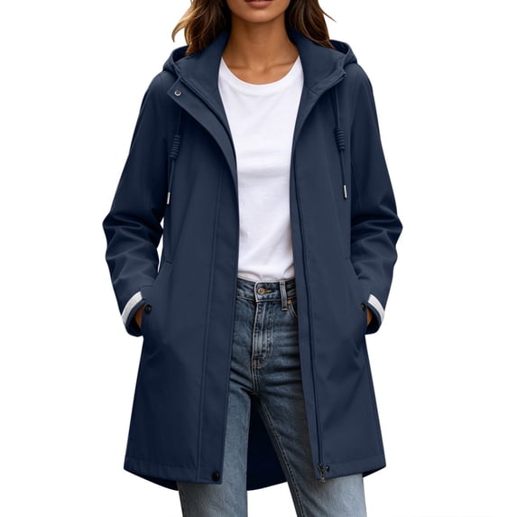 Levmjia Womens Long Hooded Rain Jacket Windproof Waterproof Solid Color Drawstring Pocket Loose Fit Outerwear Coat Hiking Camping Leisure Spring Fall Outdoor Daily Casual Wear