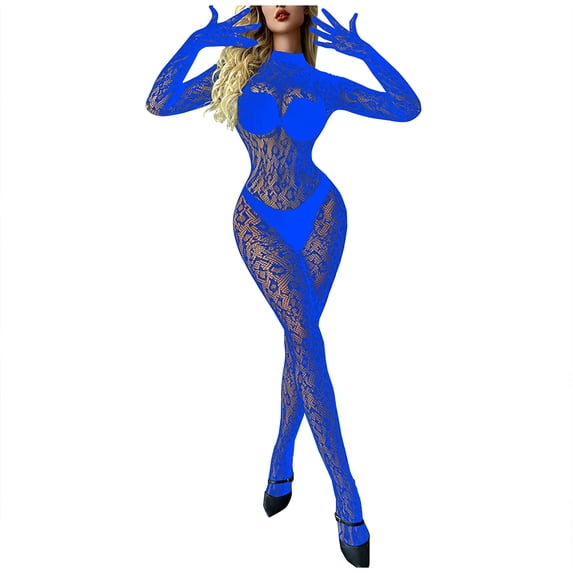 Levmjia Womens Long Sleeve Fishnet Bodystocking One Piece Lingerie Set Full Body Hollow Out Mesh Jumpsuit Stretchy Soft Date Nights Solid Color Elastic Nightwear