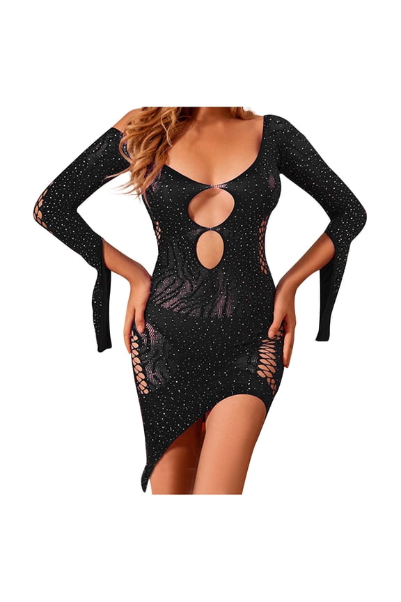 Womens Long Sleeve Rhinestone Mesh Chemise One Piece Lingerie Set Hollow Out Front Solid Color Slit Sheer Bodycon Mini Dress Soft Stretch Nightgown Date Nights