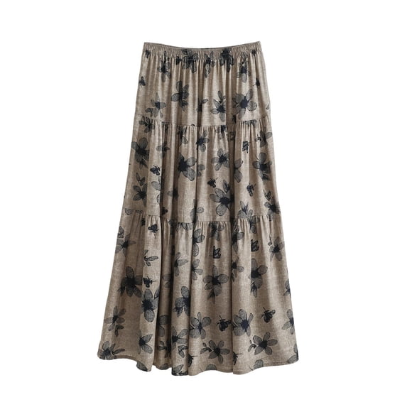 Levmjia Womens Midi Skirt Bohemian Printed Elastic Waist Pleated Flowy Skirt Soft Breathable Casual Bottoms For Beach Daily Dating Vacation Spring Summer Wear