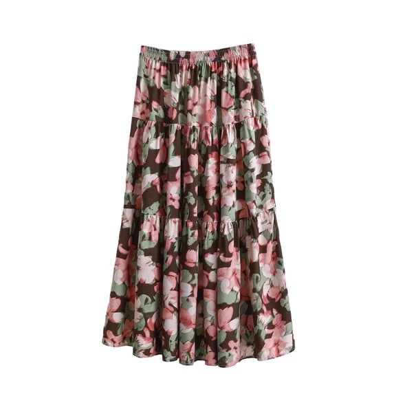 Levmjia Womens Midi Skirt Bohemian Printed Elastic Waist Pleated Flowy Skirt Soft Breathable Casual Bottoms For Beach Daily Dating Vacation Spring Summer Wear