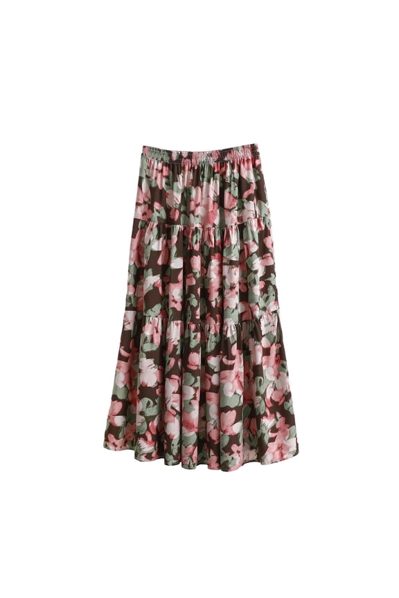 Womens Midi Skirt Bohemian Printed Elastic Waist Pleated Flowy Skirt Soft Breathable Casual Bottoms For Beach Daily Dating Vacation Spring Summer Wear