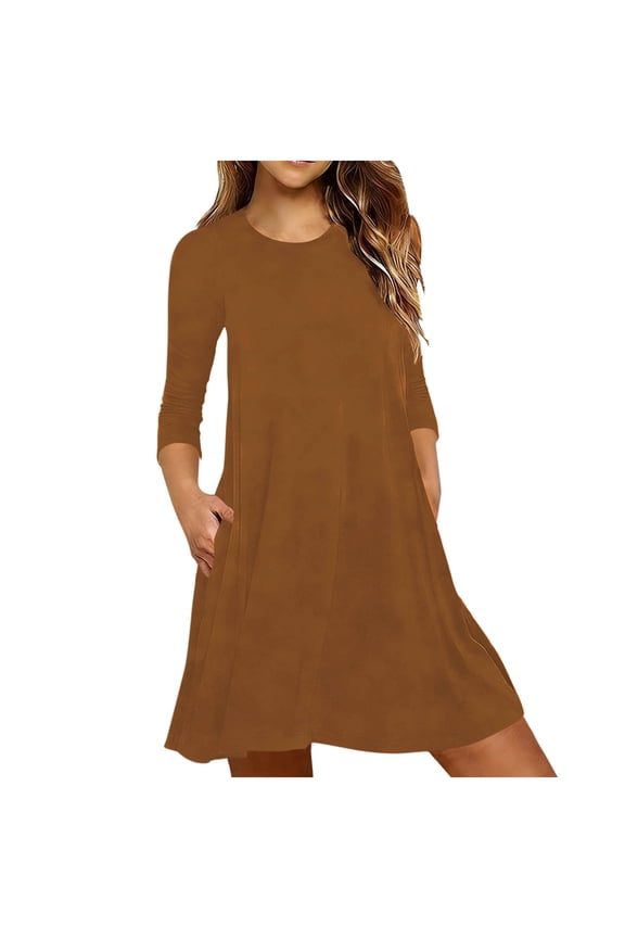 Womens Nightgown Dress Solid Color Round Neck 3/4 Sleeve Sleepwear Mid Length Comfortable Soft Loose Fit Home Sleeping Wear