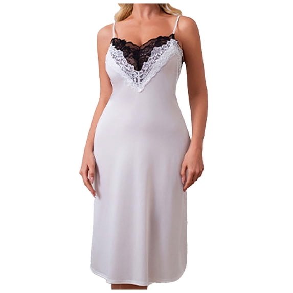 Levmjia Womens Nightgown Sleeveless Lace V Neck Sleepwear Soft Nylon Comfortable Home Sleep Relaxation Solid Color Casual Dress