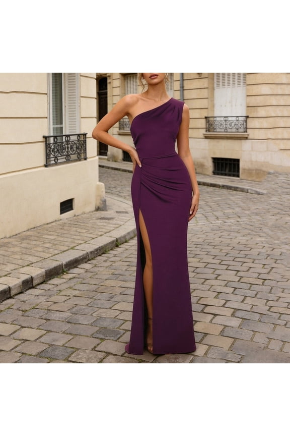 Womens One Shoulder Maxi Dress Sleeveless Ruched Waist High Slit Form Fitting Solid Color Evening Gown Elegant Bodycon Long Dress Formal Events Parties