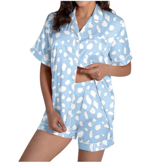 Levmjia Womens Pajama 2 Piece Set Casual Lapel Short Sleeve and Shorts With Pocket Printed Sleepwear Soft Comfortable Outfit Home Daily Wear