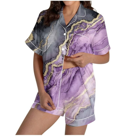 Levmjia Womens Pajama 2 Piece Set Casual Lapel Short Sleeve and Shorts With Pocket Printed Sleepwear Soft Comfortable Outfit Home Daily Wear