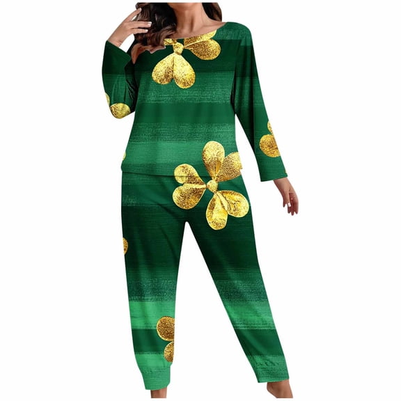 Levmjia Womens Pajama 2 Piece Set Casual Long Sleeve Tops Pants Plus Size St. Patrick Printed Outfit Soft Polyester Sleepwear Home Wear Comfort