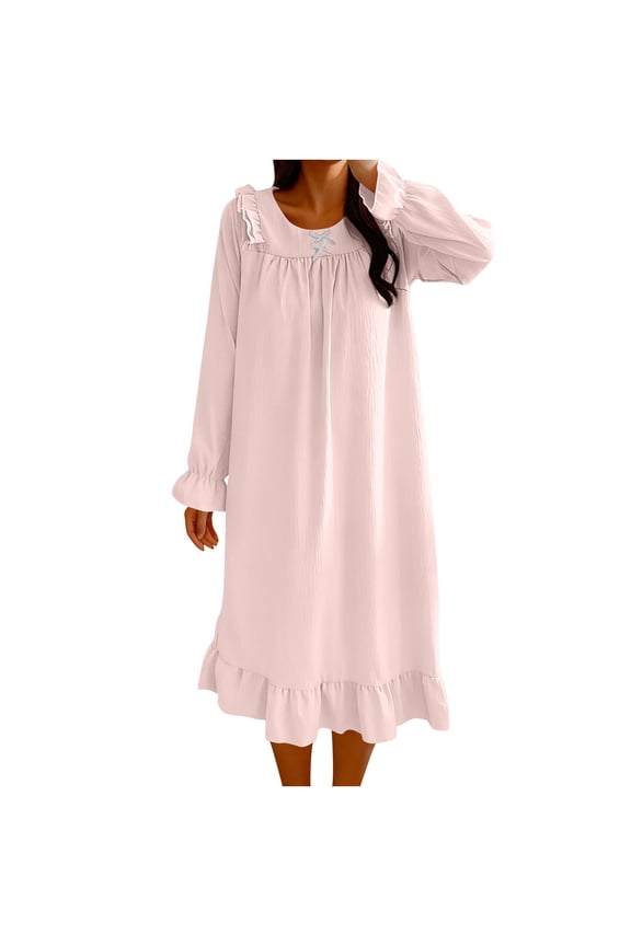 Womens Pajama Dress Long Sleeve Square Necke Solid Color Sleepwear Nightgown Soft Comfortable Casual Loose Fit Home Lounge Dress Lightweight