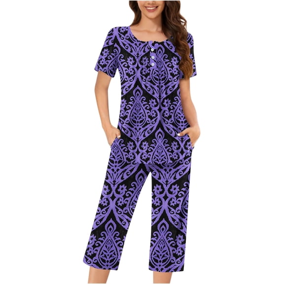Levmjia Womens Pajama Set Polyester Short Sleeve Sleepwear Loungewear 2 Piece Outfit Comfortable Soft Casual Summer Nightwear for Women