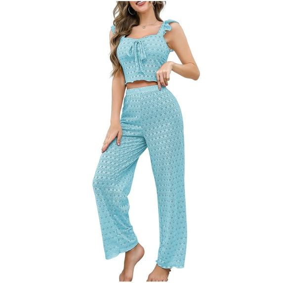 Levmjia Womens Pajama Set 2 Piece Lace Camisole Vest and Pants Sleepwear Soft Comfortable Solid Color Home Wear Outfit With Pants Spring Summer