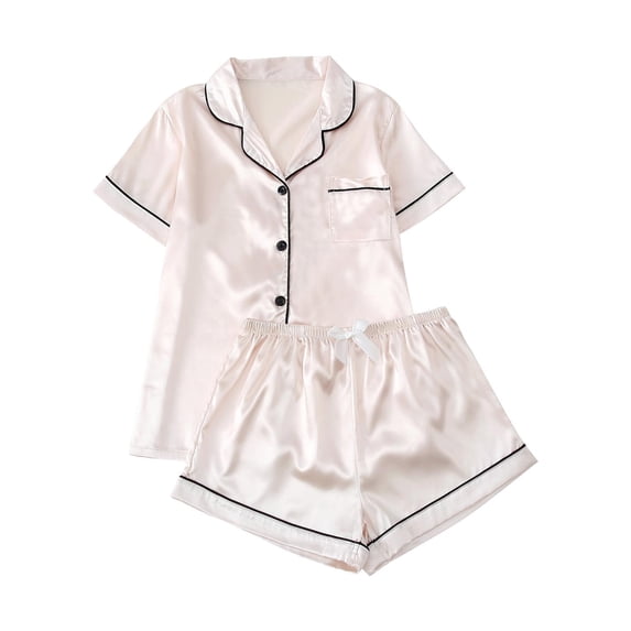 Levmjia Womens Pajama Set 2 Piece Set Lapel Short Sleeve Solid Color Top Shorts Pocket Casual Sleepwear Soft Comfortable Sleeping Home Wear