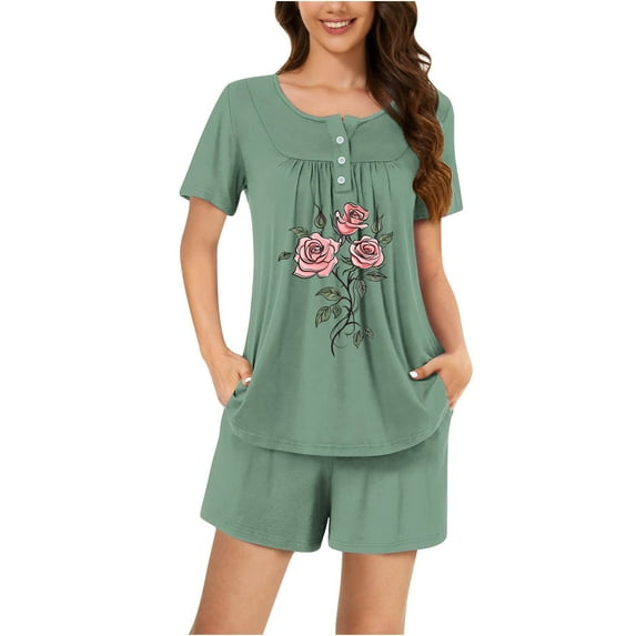 Levmjia Womens Pajama Set Cotton Short Sleeve Sleepwear Lounge Set Comfortable Breathable 2 Piece Pajamas for Women Soft Loose Fit Nightwear Home Outfit