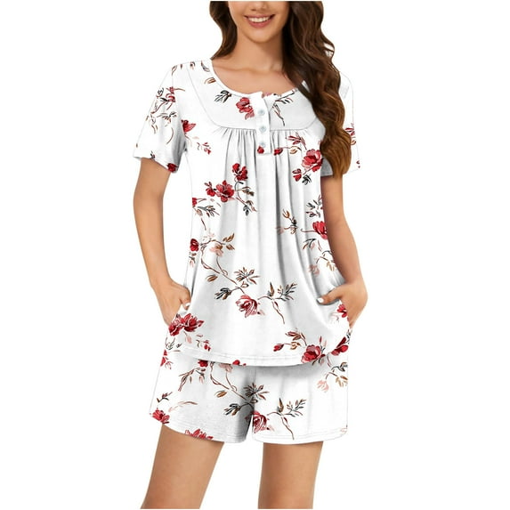 Levmjia Womens Pajama Set Cotton Short Sleeve Sleepwear Lounge Set Soft Comfortable 2 Piece Pajamas for Women Summer Nightwear Loose Fit Casual Home Outfit