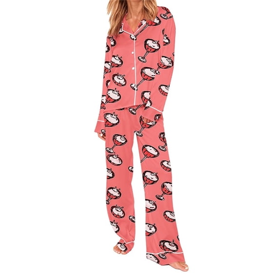 Levmjia Womens Pajama Set Fashion Long Sleeve Lapel Printed Casual Printed 2 Piece Set Pants Soft Comfortable Sleepwear Home Wear Winter Spring Nightwear