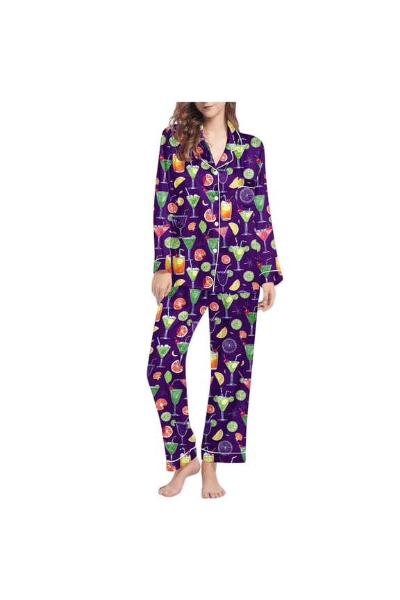 Womens Pajama Set Fashion Long Sleeve Printed Button Down Top Pants Pajamas Sleepwear Loose With Pockets Soft Comfortable 2 Piece For Home