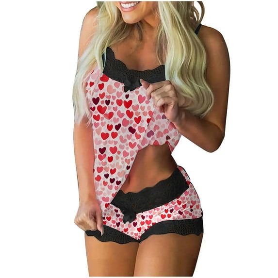 Levmjia Womens Pajama Set Lace Valentine Love Print Sleeveless Vest Sleepwear Casual Home Outfit Soft Comfortable Floral Pants Set Daily Wear