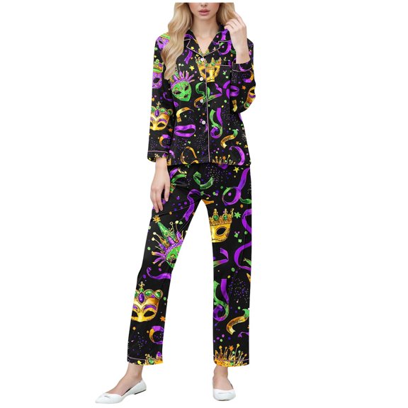 Levmjia Womens Pajama Set Lapel Short Sleeve Carnival Printed Cardigan Sleepwear 2 Piece Set With Pants Comfortable and Breathable Nightwear Home Relaxation