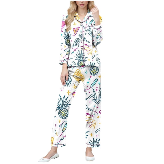 Levmjia Womens Pajama Set Lapel Short Sleeve Carnival Printed Cardigan Sleepwear 2 Piece Set With Pants Comfortable and Breathable Nightwear Home Relaxation