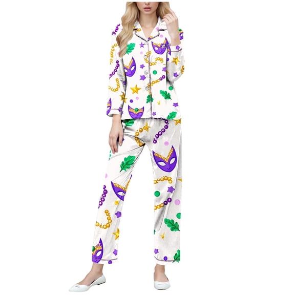 Levmjia Womens Pajama Set Lapel Short Sleeve Carnival Printed Cardigan Sleepwear 2 Piece Set With Pants Comfortable and Breathable Nightwear Home Relaxation