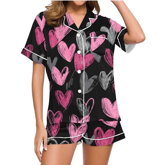 Levmjia Womens Pajama Set Lapel Short Sleeve and Shorts With Pocket 2 Piece Valentine Printed Sleepwear Soft Comfortable Casual Outfit Home Daily Wear