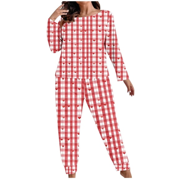 Levmjia Womens Pajama Set Plus Size Valentine Printed Long Sleeve Tops Pants 2 Piece Outfit Soft Polyester Casual Sleepwear Home Wear Comfort