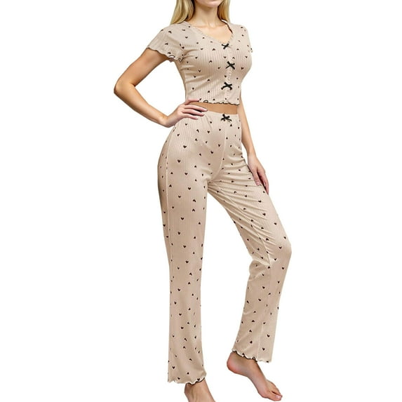 Levmjia Womens Pajama Set Printed Short Sleeve Round Neck Short Sleeve Blouse Trousers Cotton Sleepwear Loungewear Soft Comfortable Pants Set Home Wear Nightwear