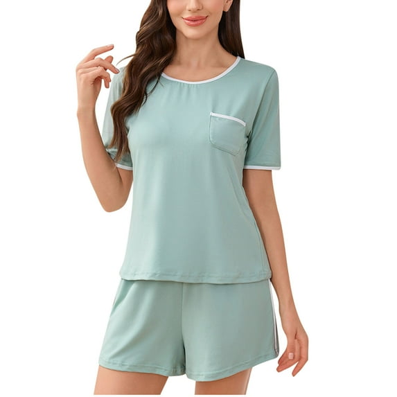Levmjia Womens Pajama Set Short Sleeve And Shorts Solid Color 2 Piece Summer Sleepwear Soft Cotton Blend Comfortable Home wear