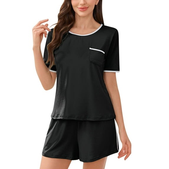 Levmjia Womens Pajama Set Short Sleeve And Shorts Solid Color 2 Piece Summer Sleepwear Soft Cotton Blend Comfortable Home wear