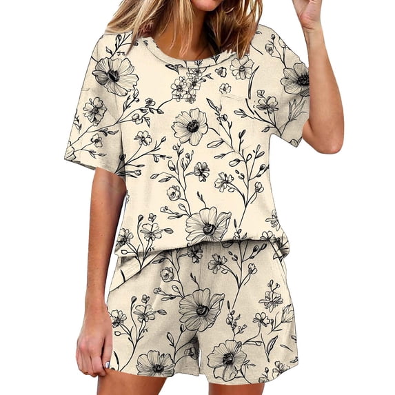 Levmjia Womens Pajama Set Summer Short Sleeve Printed Round Neck Pajamas Top and Shorts Soft Polyester Casual Home Wear Comfortable Sleepwear Set