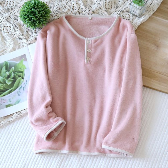 Levmjia Womens Pajamas Thermal Underwear Base Round Neck Layer Solid Color Buttons Long Sleeve Comfortable Warm Winter Essential Soft Shirt