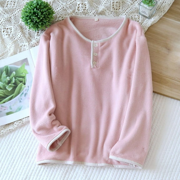 Levmjia Womens Pajamas Thermal Underwear Base Round Neck Layer Solid Color Buttons Long Sleeve Comfortable Warm Winter Essential Soft Shirt