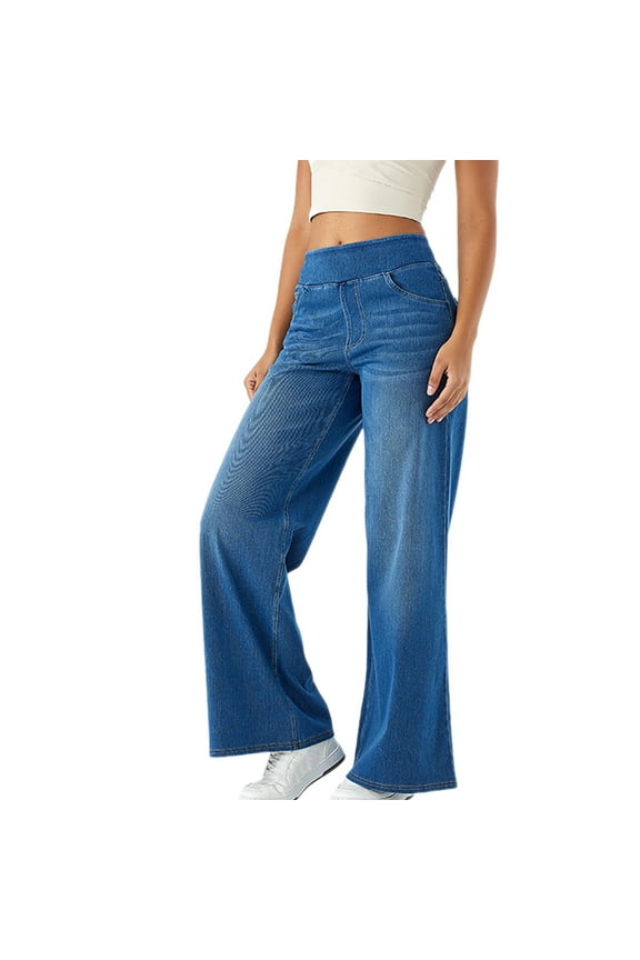 Womens Pants High Waisted Wide Leg Denim Stretchy Comfortable Casual Jeans With Pockets For Office Home Spring Fall Fashion Plus Size XS XL