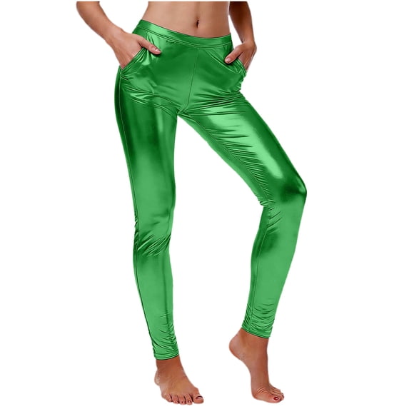 Levmjia Womens Pants Metallic Stamped Leggings High Waist Yoga With Pockets Soft Stretchy Workout Tights Running Gym Fitness Party Casual Wear Spring Summer