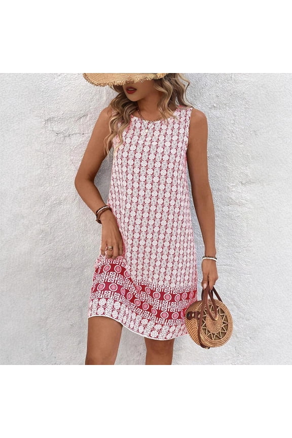 Womens Plaid Print Mini Dress Crew Neck Casual Loose Fit Sleeveless Lightweight Breathable Summer Shift Dress For Daily Wear And Beach Vacations