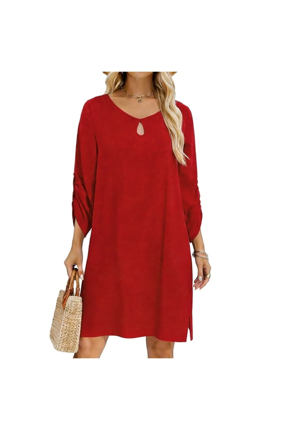 Womens Pleated Cotton Linen Dress Round Neck 3/4 Sleeve Solid Color Loose Shift Mini Dress Casual Summer Beach Vacation Wear Flattering Breathable Fabric