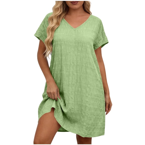 Levmjia Womens Plus Size Dress Casual V Neck Short Sleeve Solid Color Breathable Polyester Comfortable Work Vacation Everyday Wear
