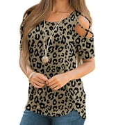 Levmjia Womens Plus Size Shirt Tops Clearance Summer Women's Summer Printing Short Sleeve Strappy Cold Shoulder T-Shirt Tops Blouses