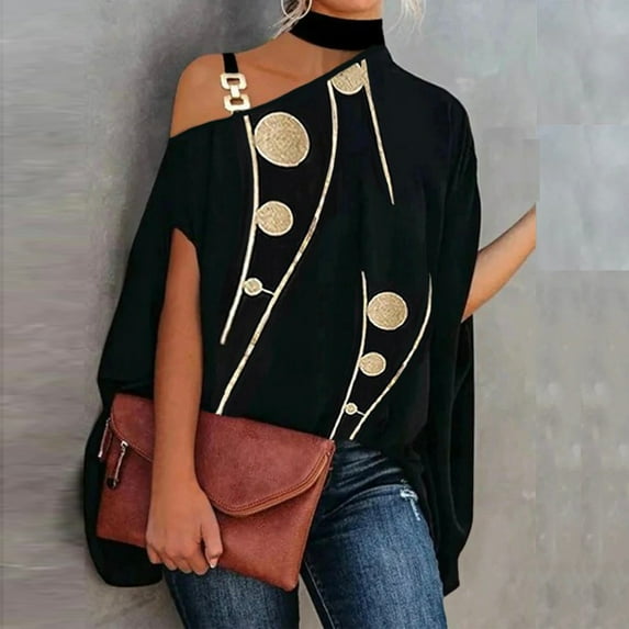 Levmjia Womens Casual Shirts New Trendy Short Sleeve Halter Neck Off Shoulder Fashion Printed Loose Pullover Blouse Tops