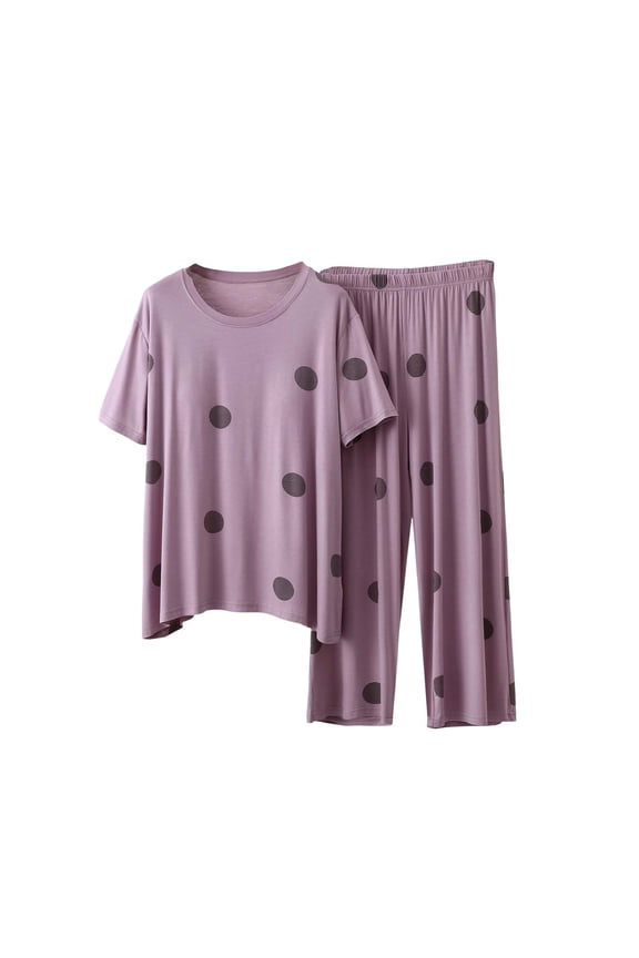 Womens Polka Dot Pajama Set Plus Size Short Sleeve Pants Summer Sleepwear Set 2 Piece Comfy Casual Soft Breathable Nightwear for Women