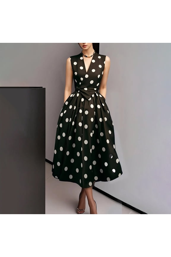 Womens Polka Dot Sleeveless V Neck Midi Dress Adjustable Waist A Line Swing Dress With Pockets Casual Flowy Summer Party Dress For Daily Vacation And Work Wear