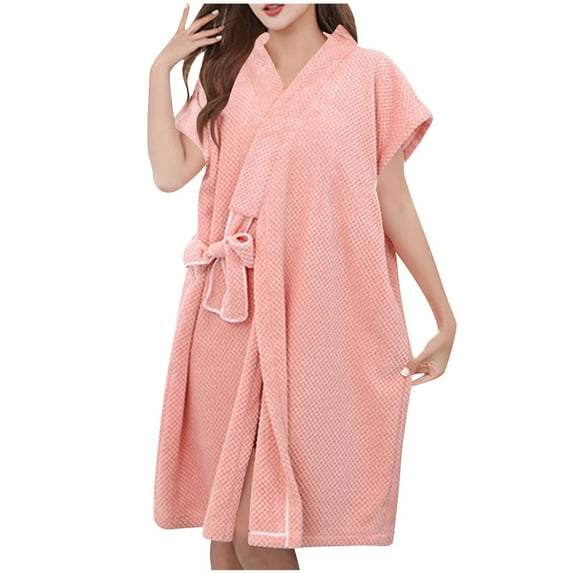 Levmjia Womens Robe Pockets Soft Plush Coral Velvet Solid Color Quick Dry Water Absorbing Short Sleeve Bandage Bathrobe Spa Loungewear Maternity Gift Idea