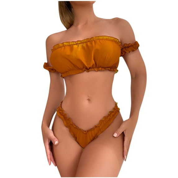 Levmjia Womens Ruffled Lace Lingerie Set Off Shoulder Bandeau Bra Bikini Brief Soft Stretch Breathable Lace Casual Romantic Date Night Solid Color
