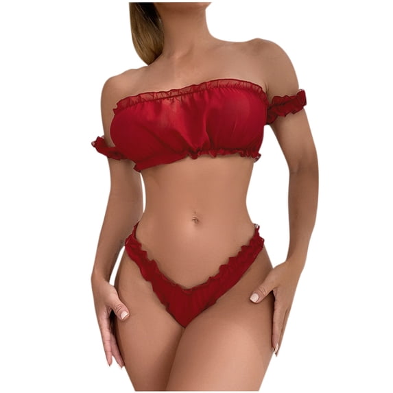 Levmjia Womens Ruffled Lace Lingerie Set Off Shoulder Bandeau Bra Bikini Brief Soft Stretch Breathable Lace Casual Romantic Date Night Solid Color