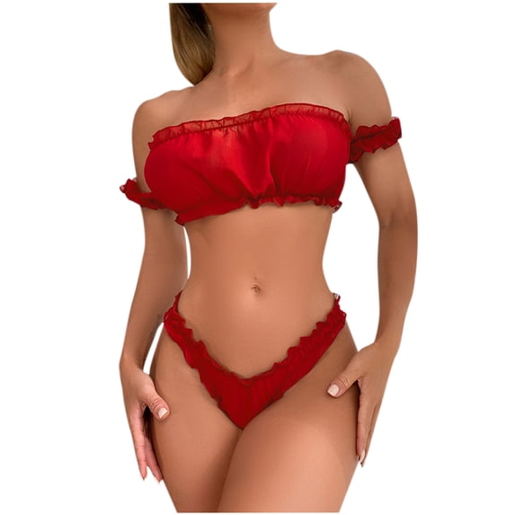 Levmjia Womens Ruffled Lace Lingerie Set Off Shoulder Bandeau Bra Bikini Brief Soft Stretch Breathable Lace Casual Romantic Date Night Solid Color