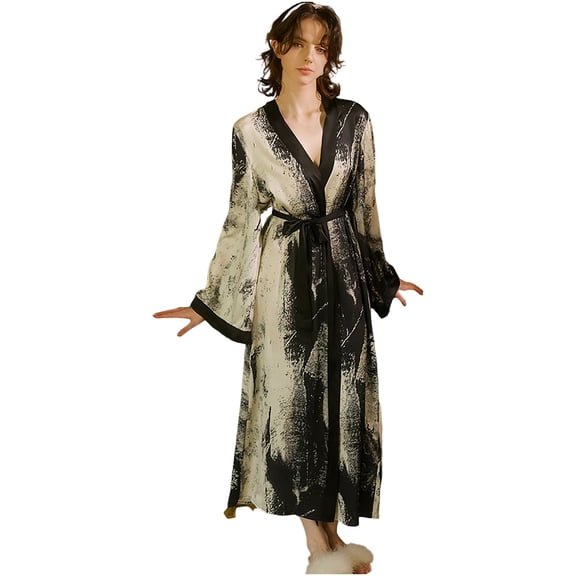 Levmjia Womens Satin Pajama Elegant Lace-Up Printed Long Sleeve Soft Sleepwear Comfortable Casual Sleepwear For All Seasons Home Relaxation