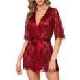 thumbnail image 1 of Levmjia Womens Sheer Lace Kimono Robe Three Quarter Sleeve Open Front Tie Waist Lingerie Cover Up Breathable For Home Romantic Occasions, 1 of 5